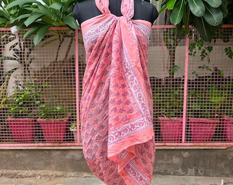 Hand Block Print Cotton Sarong, Beach Wrap Pareo, 180cm x 100cm