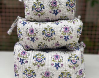 Hand Block Printed Cotton Toiletry Bag Set: Quilted Travel Accessory