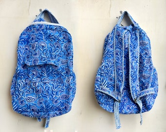 Block Printed Quilted Backpack: Large Capacity Travel Bag
