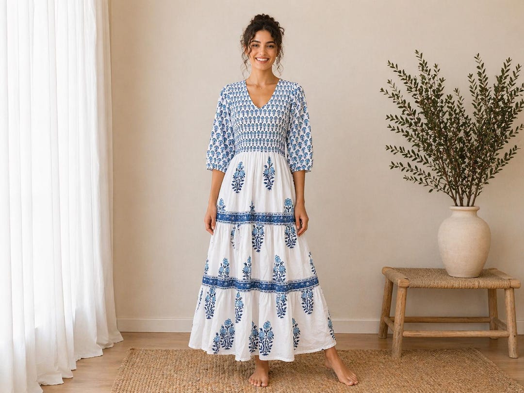 east indian cotton dresses Block Printed Cotton Indian Dress