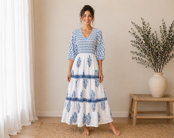 Hand Block Printed Cotton Dress: Indian Long Gown Tunic Summer Dress
