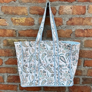 Quilted Cotton Handprinted Reversible Large multicolor Floral Tote Bag Eco friendly Sustainable Sturdy Grocery Shopping Handmade Boho bag