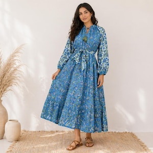 Hand Block Print Cotton Maxi Dress: Boho Tiered Long Sleeve Dress