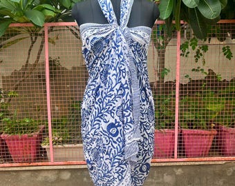 Hand Block Print Cotton Sarong, Beach Wrap Pareo, 180cm x 100cm