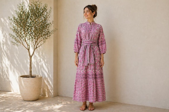Pink Floral Cotton Midi Dress, Indian Block Print, Boho Belted Summer Style