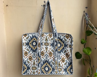 Sac fourre-tout matelassé, sac à bandoulière indien fait main, grand sac fourre-tout matelassé en coton, sac shopping avec poche intérieure, sac fourre-tout matelassé avec fermeture éclair