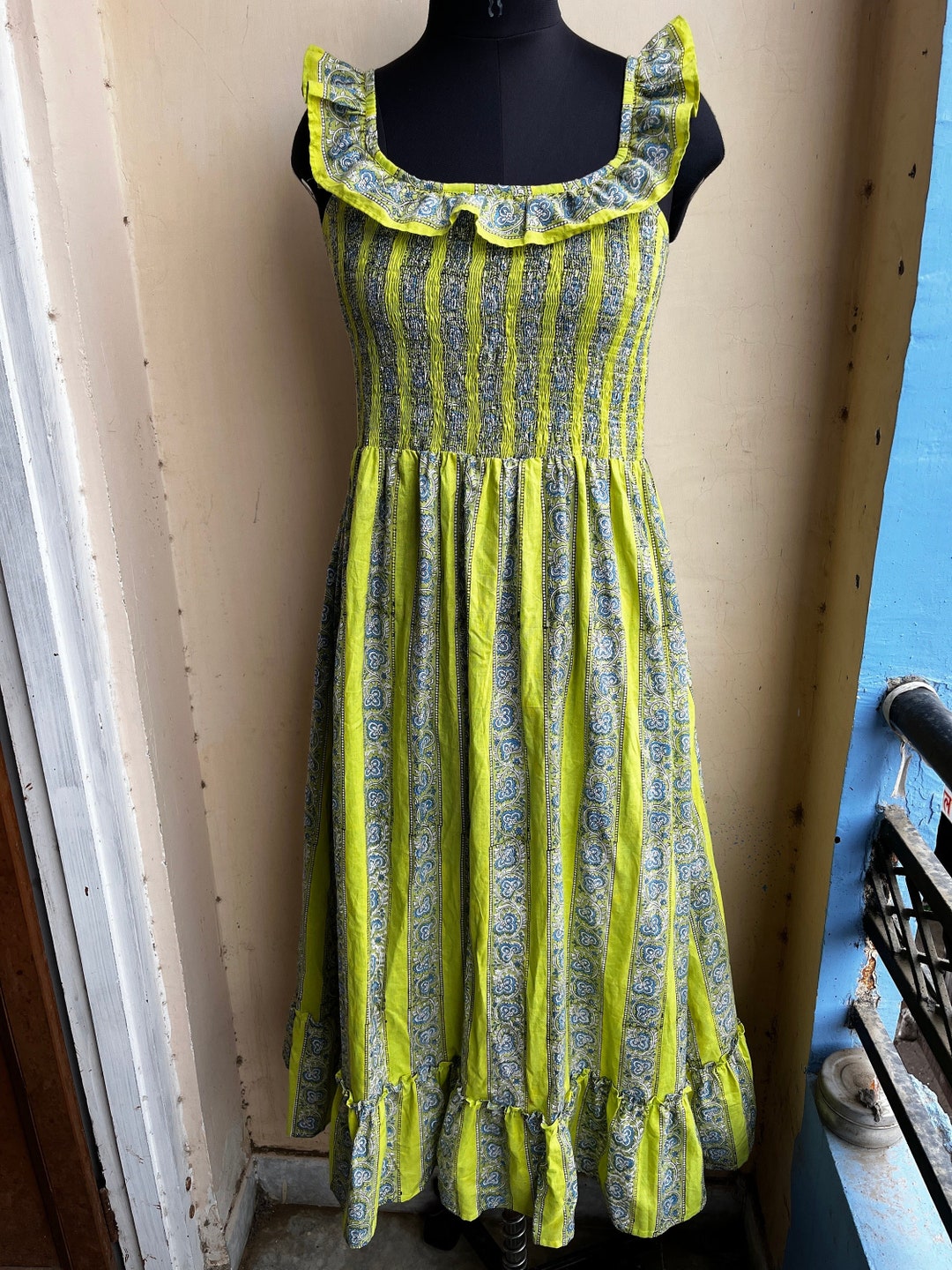 Sunlit Long Sparrow' Hand Block Printed Cotton Dress