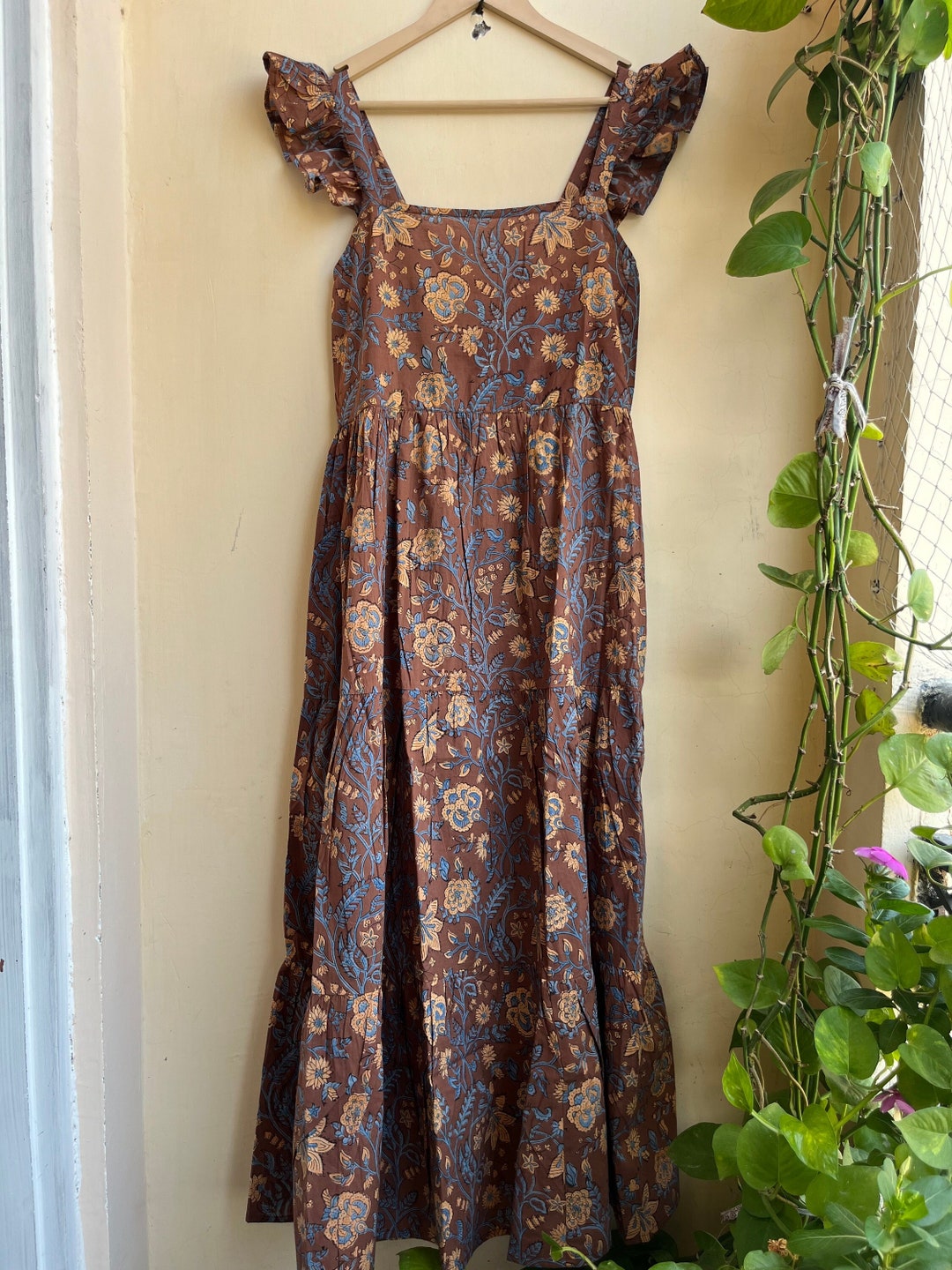 Yellow Floral Hand Block Printed Cotton Maxi Dress – Indian Boho Tiered Long Dress
