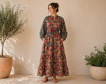 Hand Block Print Cotton Maxi Dress: Boho Tiered Long Sleeve Dress