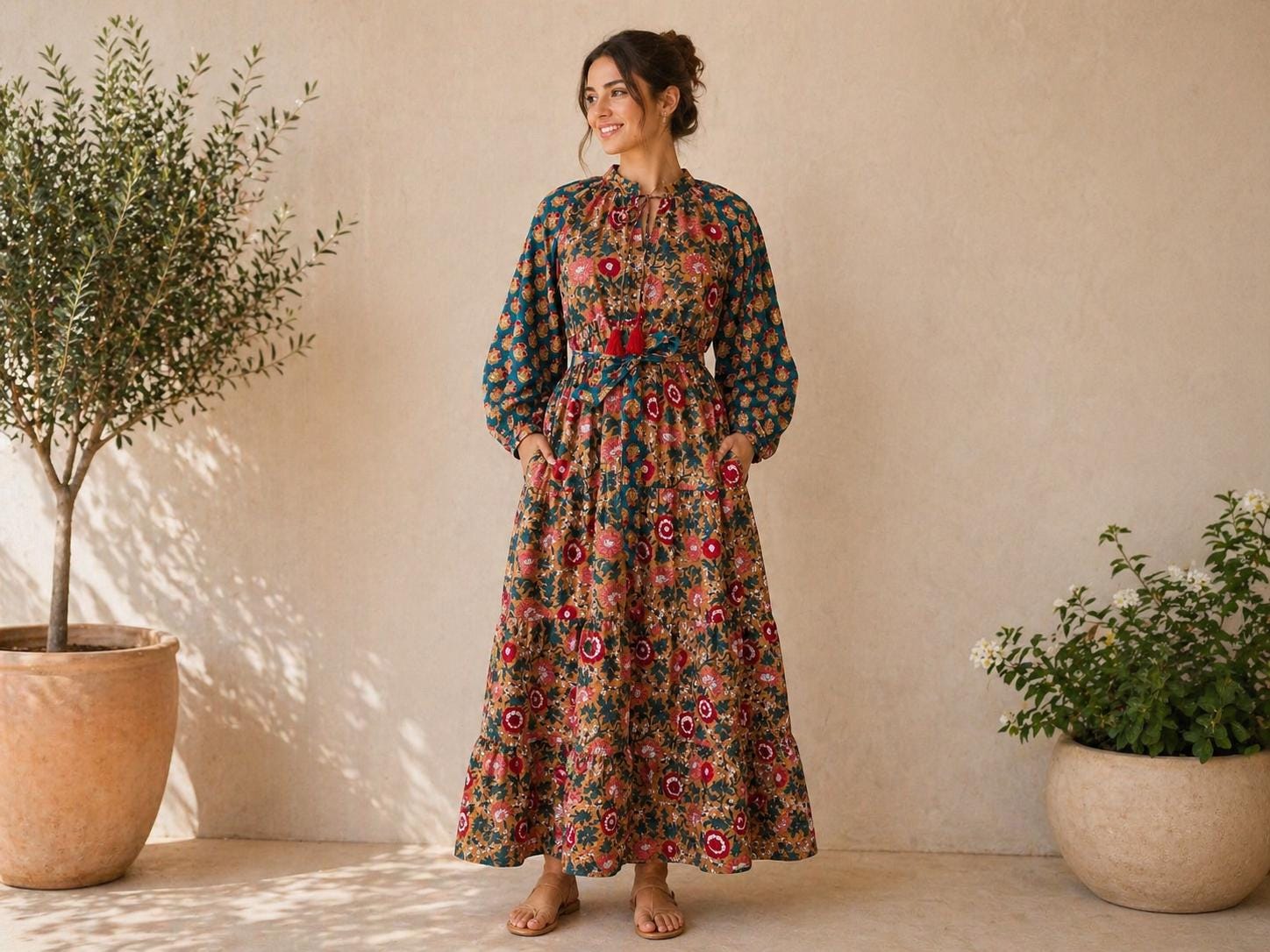 Hand Block Print Cotton Maxi Dress: Boho Tiered Long Sleeve Dress