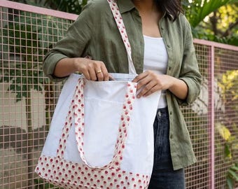 Hand Block Print Tote Bag | White Cotton Canvas Shoulder Shopper Bag
