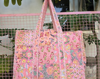 Handmade Block Print Quilted Cotton Tote Bag | Floral Patchwork Boho Shoulder Bag