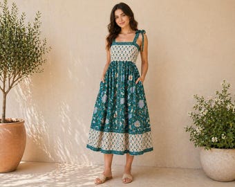 indian cotton sleeveless dresses Hand Block Printed Cotton Dress: Sleeveless Indian Tunic Gown