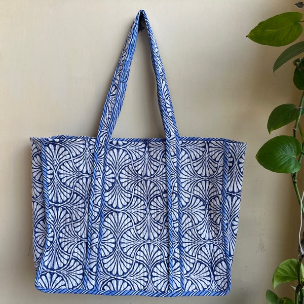 Handmade Quilted Cotton Tote Bag: Reversible Floral Print, Large