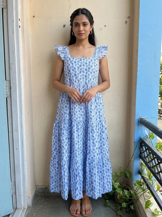 sleeveless tiered cotton dress Brown Boho Cotton Gauze Maxi Dress, Sleeveless Tiered Summer Outfit
