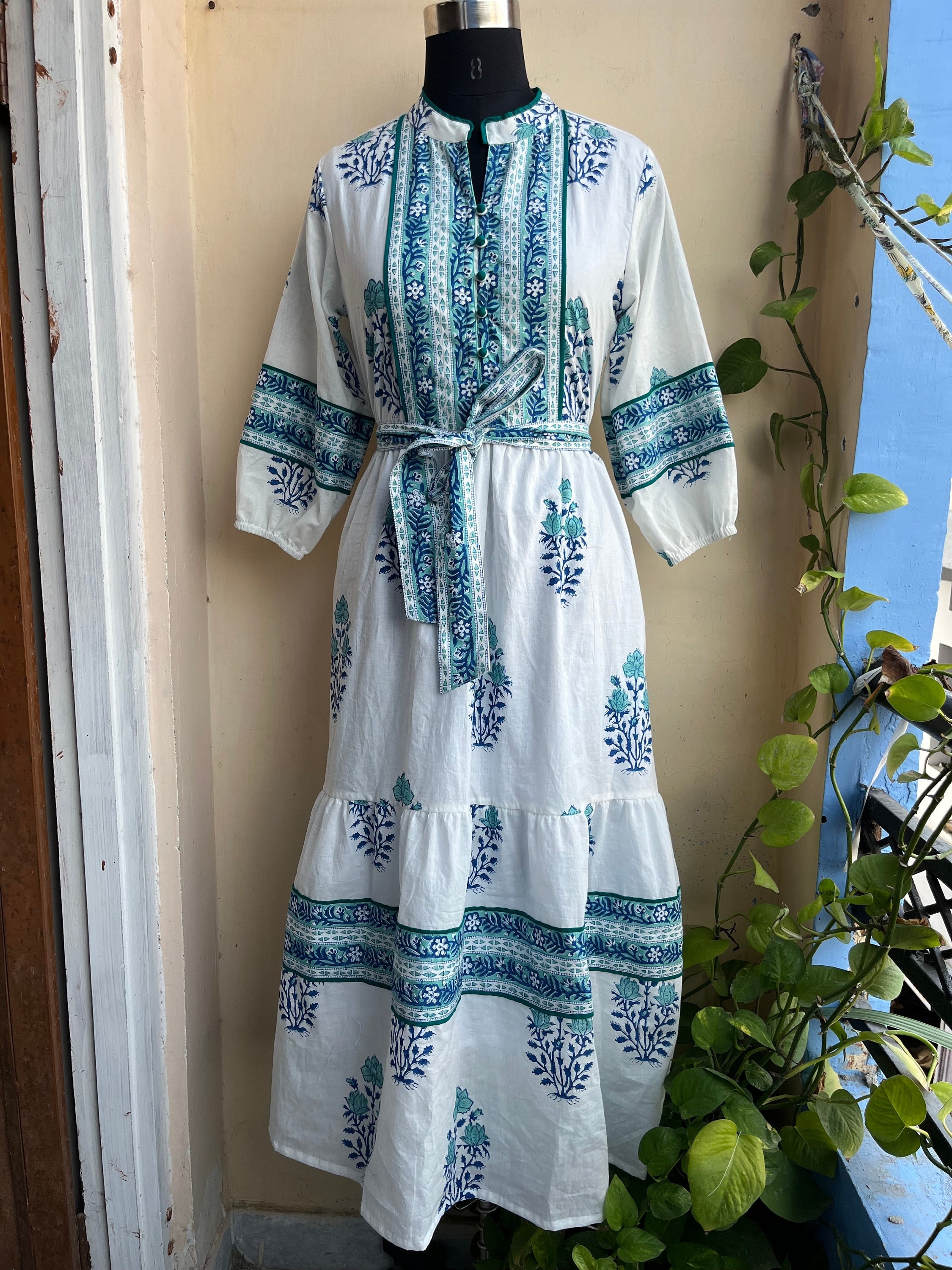 Hand Block Printed Dress | Summer Midi Dress | White & Blue Cotton Floral Mughal print Dress with pockets, 3/4th sleeve dress with button