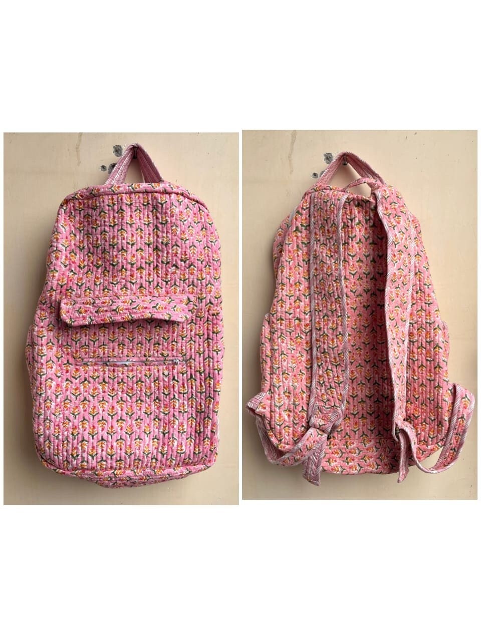 Pink Block Print Quilted Cotton Backpack – Boho Floral  display picture 3