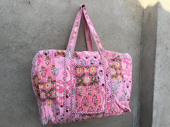 Handmade Quilted Cotton Duffle Bag: Block Print Weekender Travel