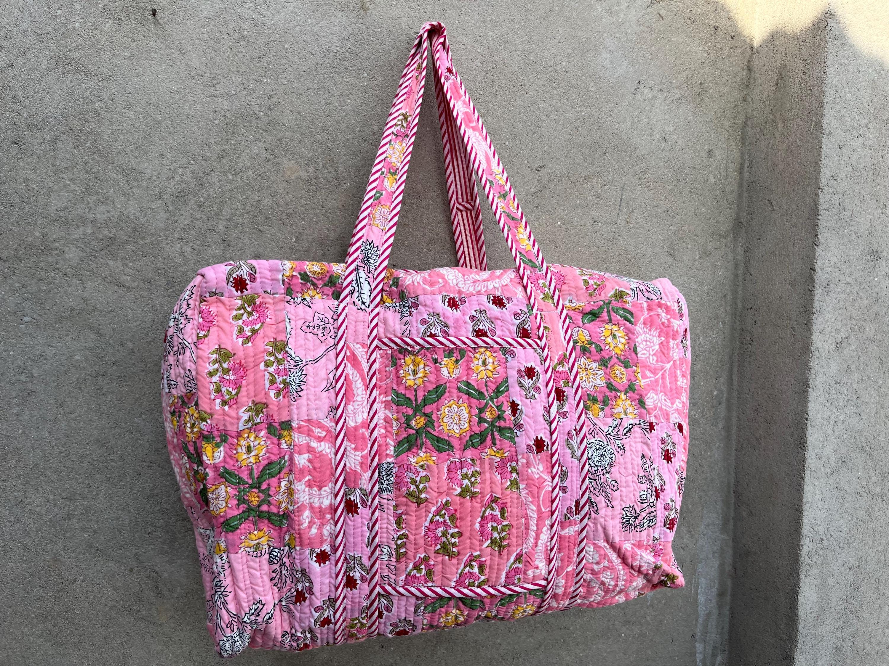 Handmade Quilted Cotton Duffle Bag: Block Print Weekender Travel