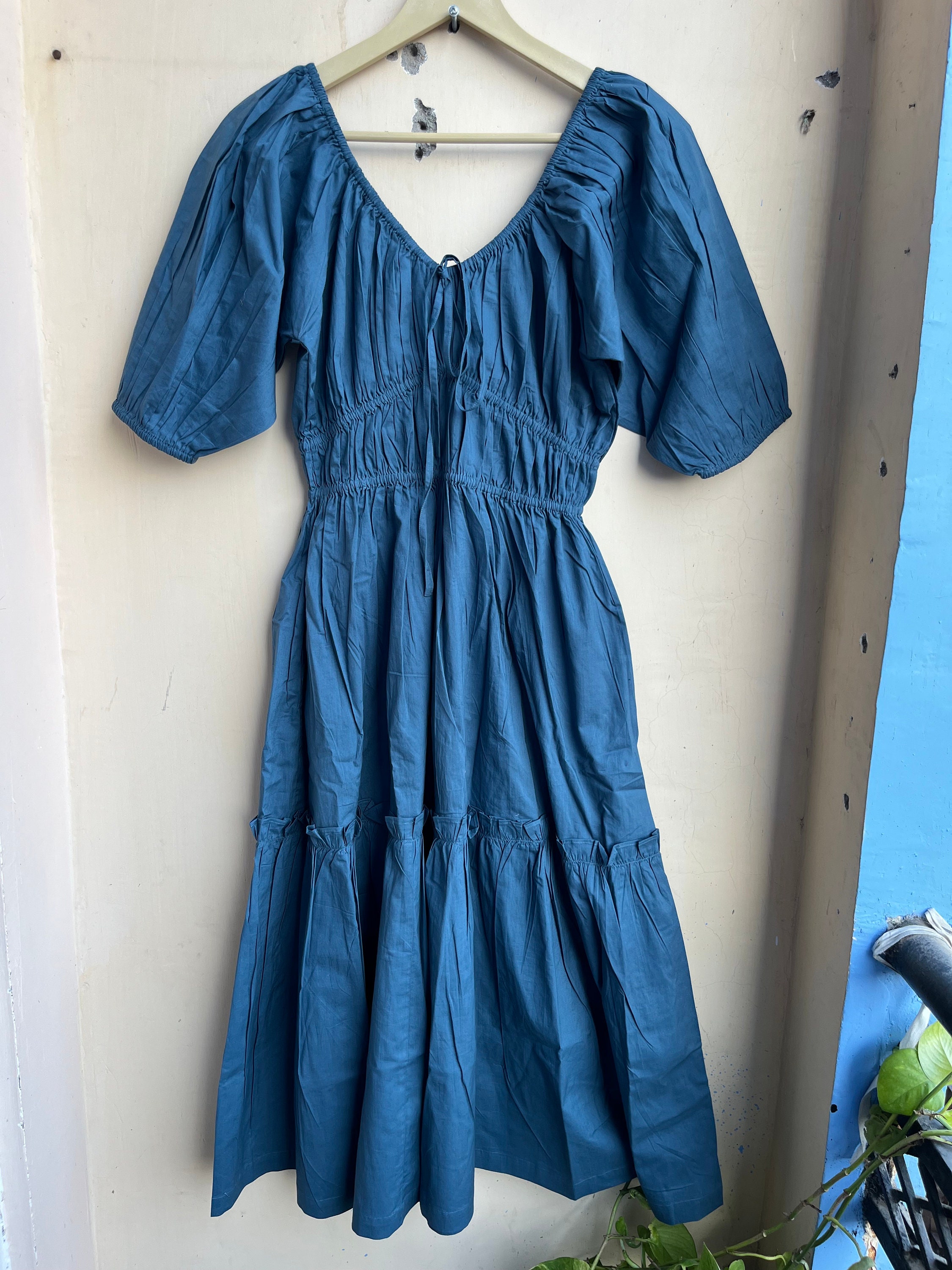 Hand Block Printed Cotton Dress: Green Sweetheart Midi