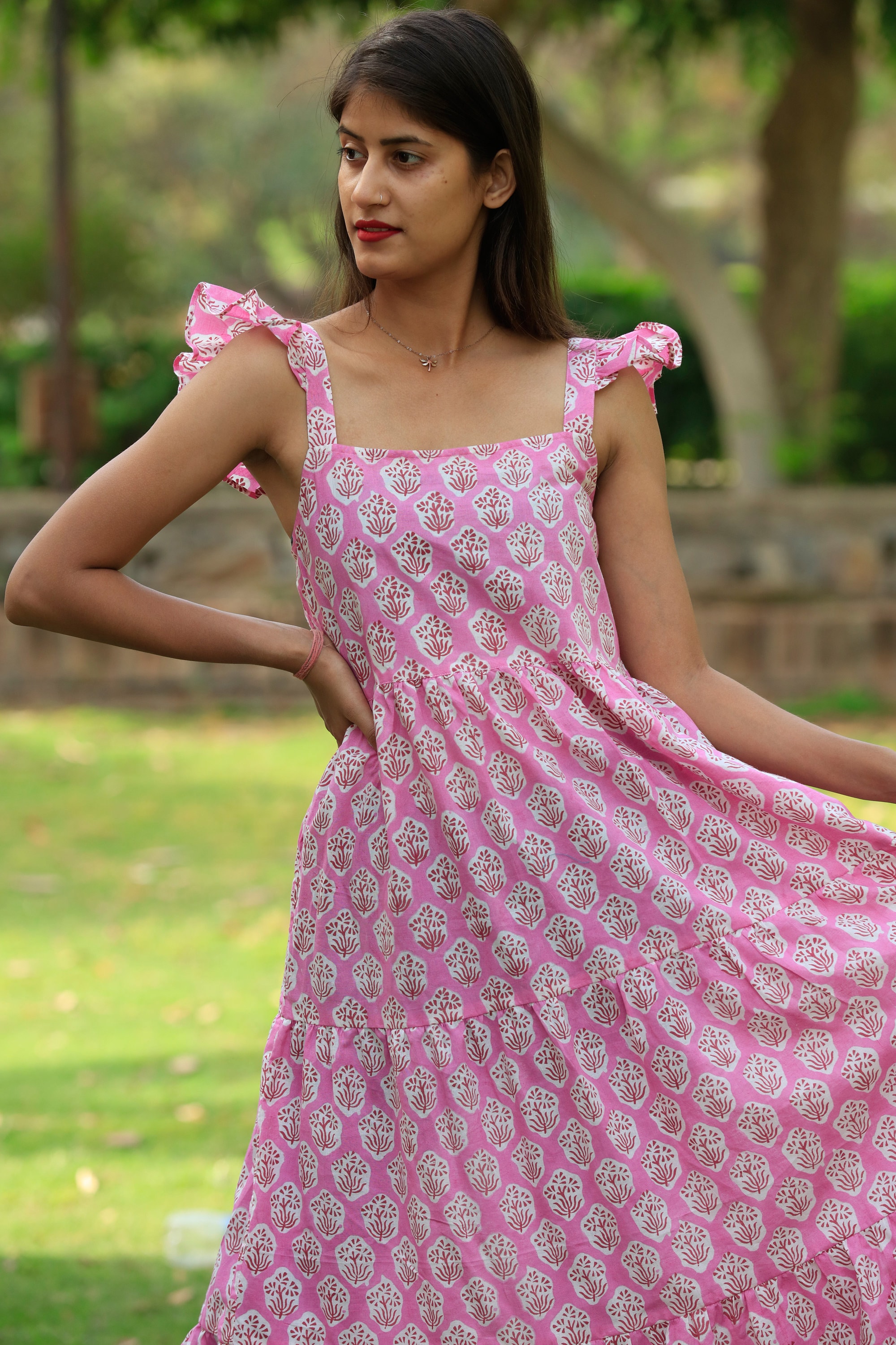 white christmas dresses Pink Pleated Maxi Dress - Cotton V-Neck