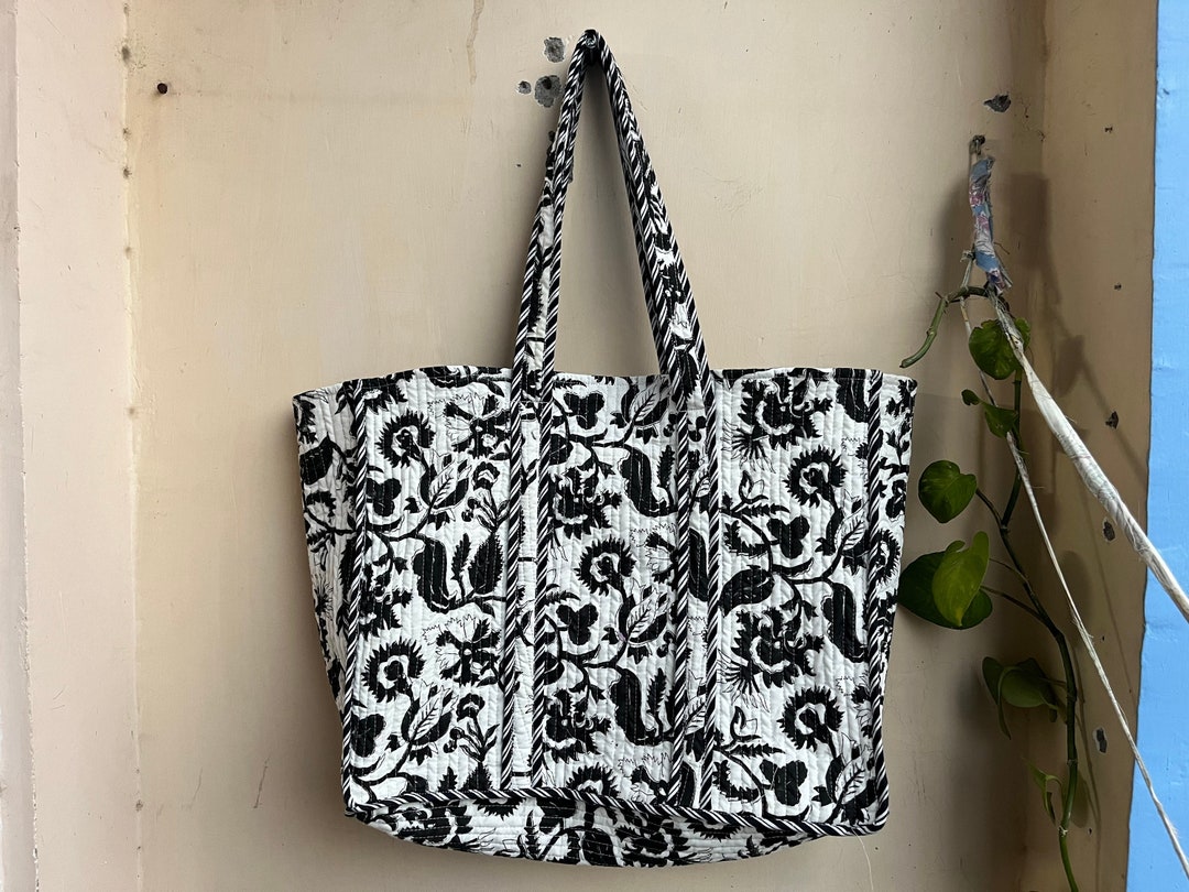 Reversible Cotton Quilted Tote - Teal Monochrome Leaves