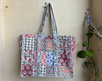 Handmade Quilted Floral Tote Bag: Reversible Cotton Shopper bag