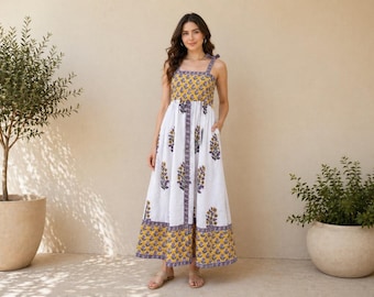 Yellow Block Print Cotton Maxi Dress: Indian Summer Sundress