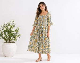 Hand Block Printed Cotton Maxi Dress: Floral Bohemian Long Gown Summer Dress