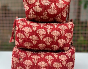 Hand Block Printed Cotton Toiletry Bag Set: Quilted Travel Accessory