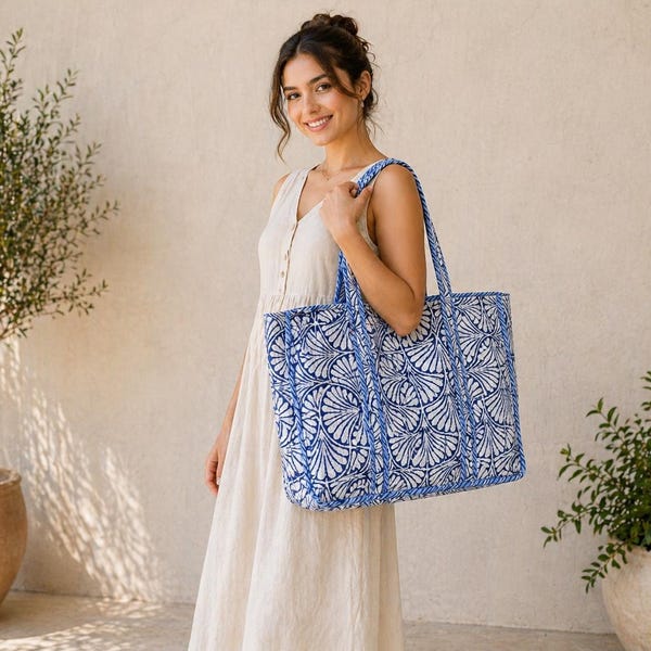 Handmade Quilted Cotton Tote Bag: Reversible Floral Print, Large