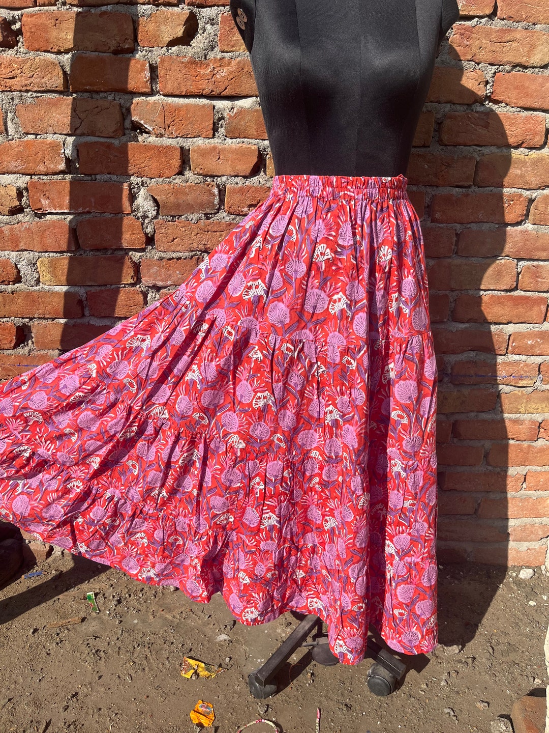 Brown - Hand Batik Printed Running Stitch Cotton Long Skirt 114
