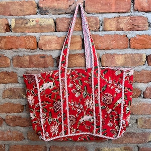 Quilted Cotton Handprinted Reversible Large multicolor Floral Tote Bag Eco friendly Sustainable Sturdy Grocery Shopping Handmade Boho bag