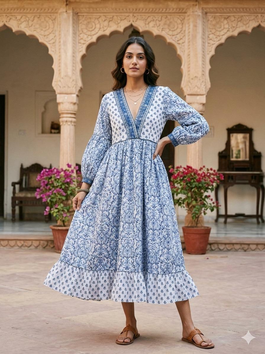 Floral Print Cotton Maxi Dress: V Neck Boho Summer Dress
