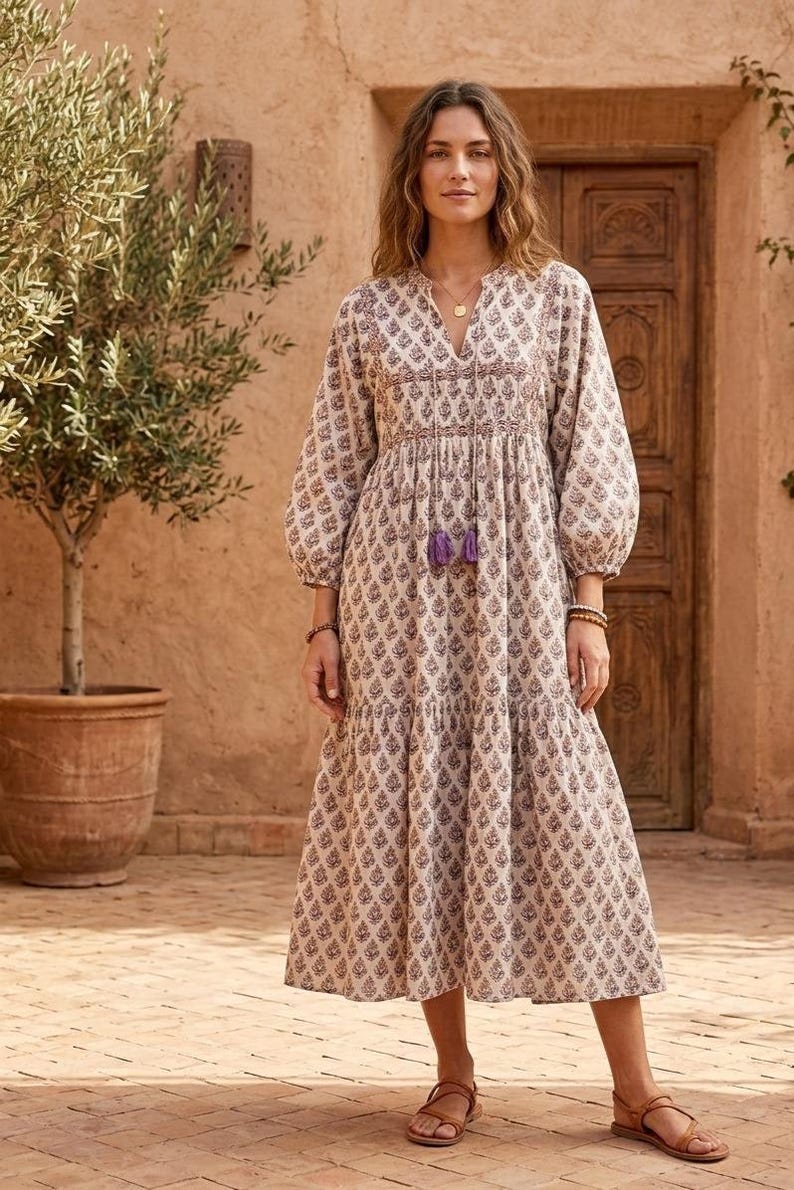 Plus Size Boho Maxi Dress: Hand Block Print Cotton Bohemian Gown image 2