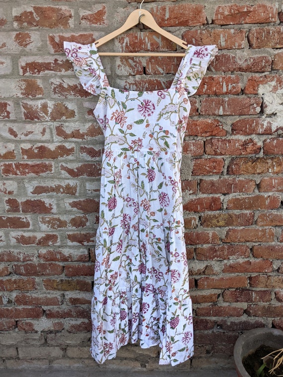 Floral Block Print Cotton Midi Dress, Ruffle Sleeve Boho Sundress