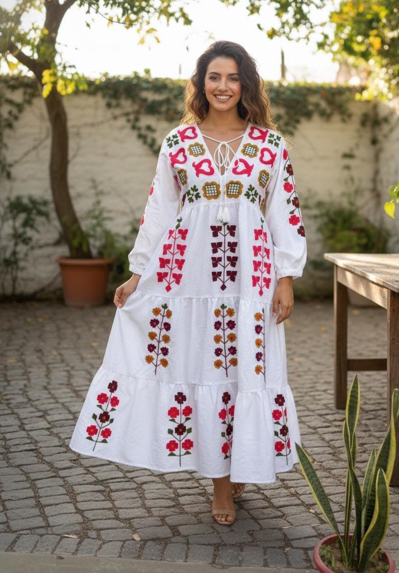 Floral Embroidered Cotton Maxi Dress, Ukrainian Suzani Style - Etsy