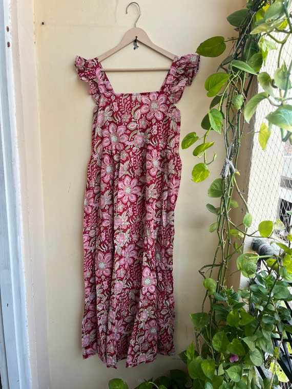 ハンドブロックプリントコットンマキシドレス：ノースリーブボヘミアン