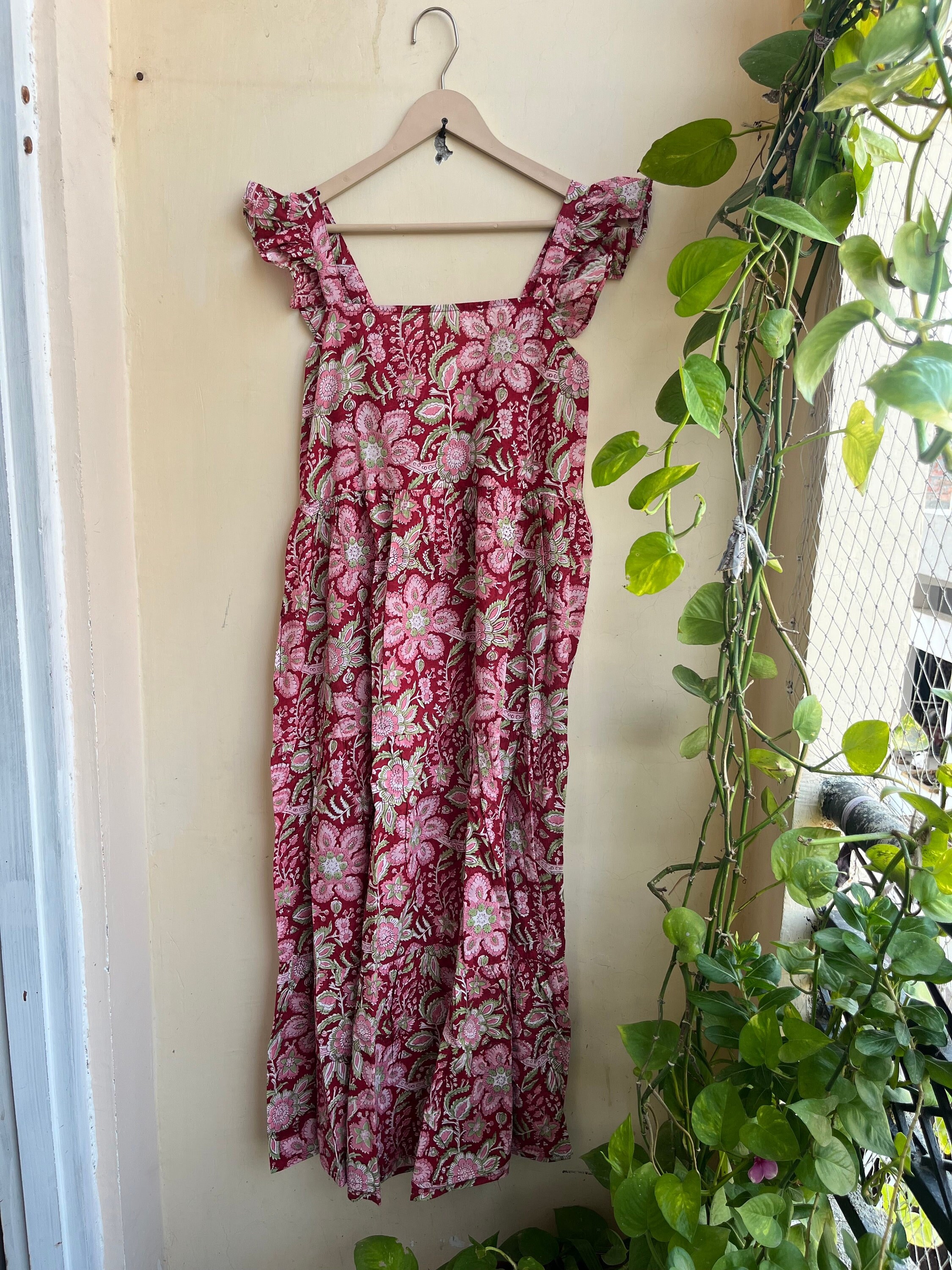 ハンドブロックプリントコットンマキシドレス：ノースリーブボヘミアン