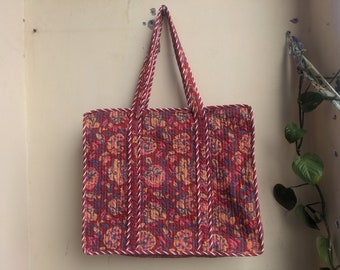 Quilted Cotton Handprinted Reversible Large multicolor Floral Tote Bag Eco friendly Sustainable Sturdy Grocery Shopping Handmade Boho bag