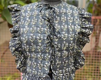 Handmade Quilted Cotton Jacket, Blue Floral Block Print, Boho Outerwear