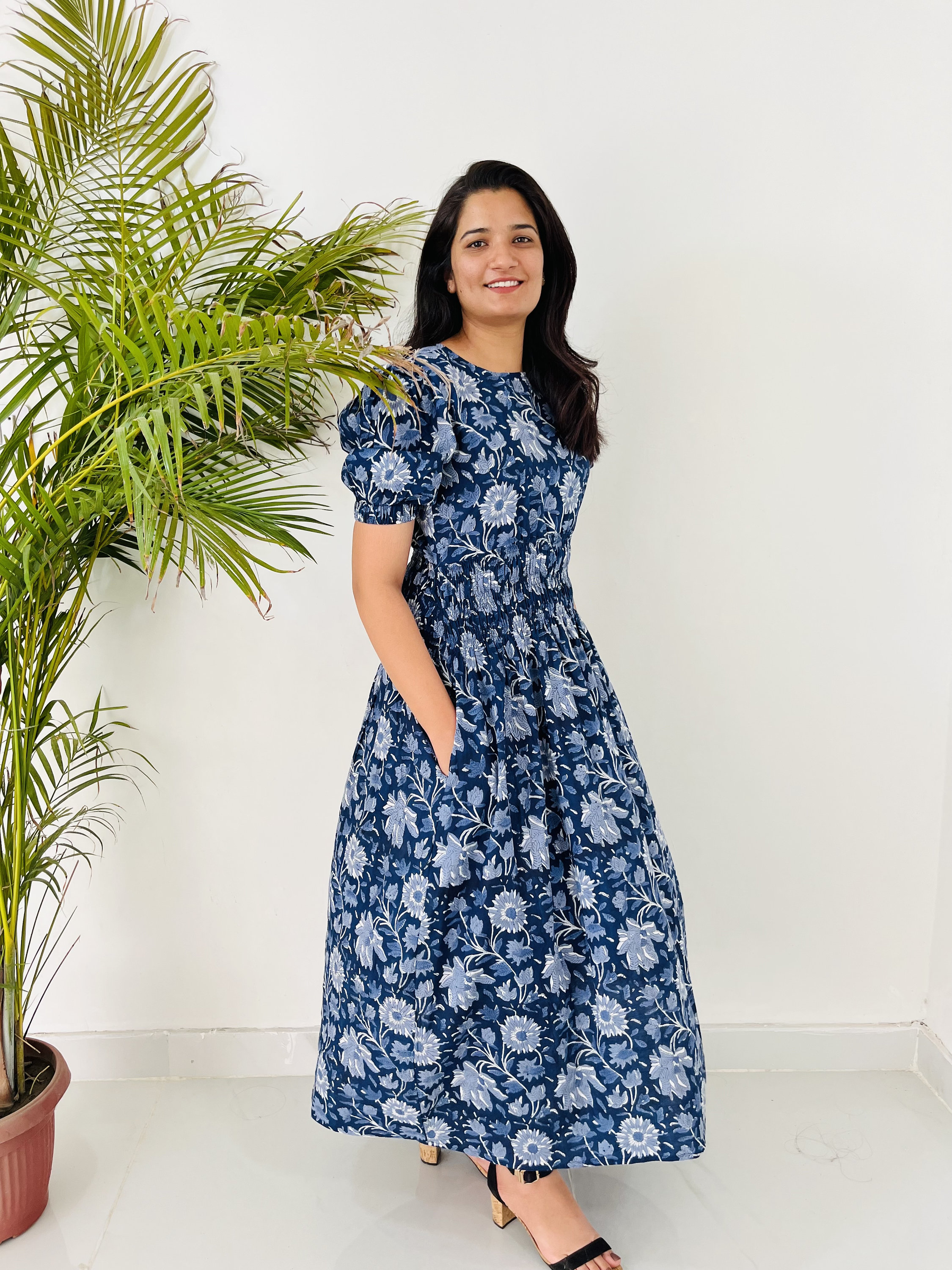 Hand Block Printed Cotton Maxi Dress: Floral Indian Tunic With