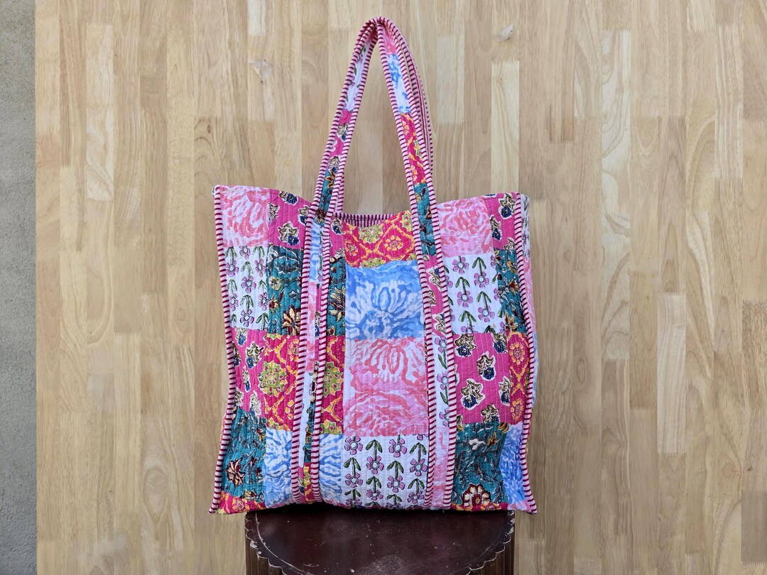 Patchwork Quilted Tote Bag – Pink Turquoise Block Print Kantha