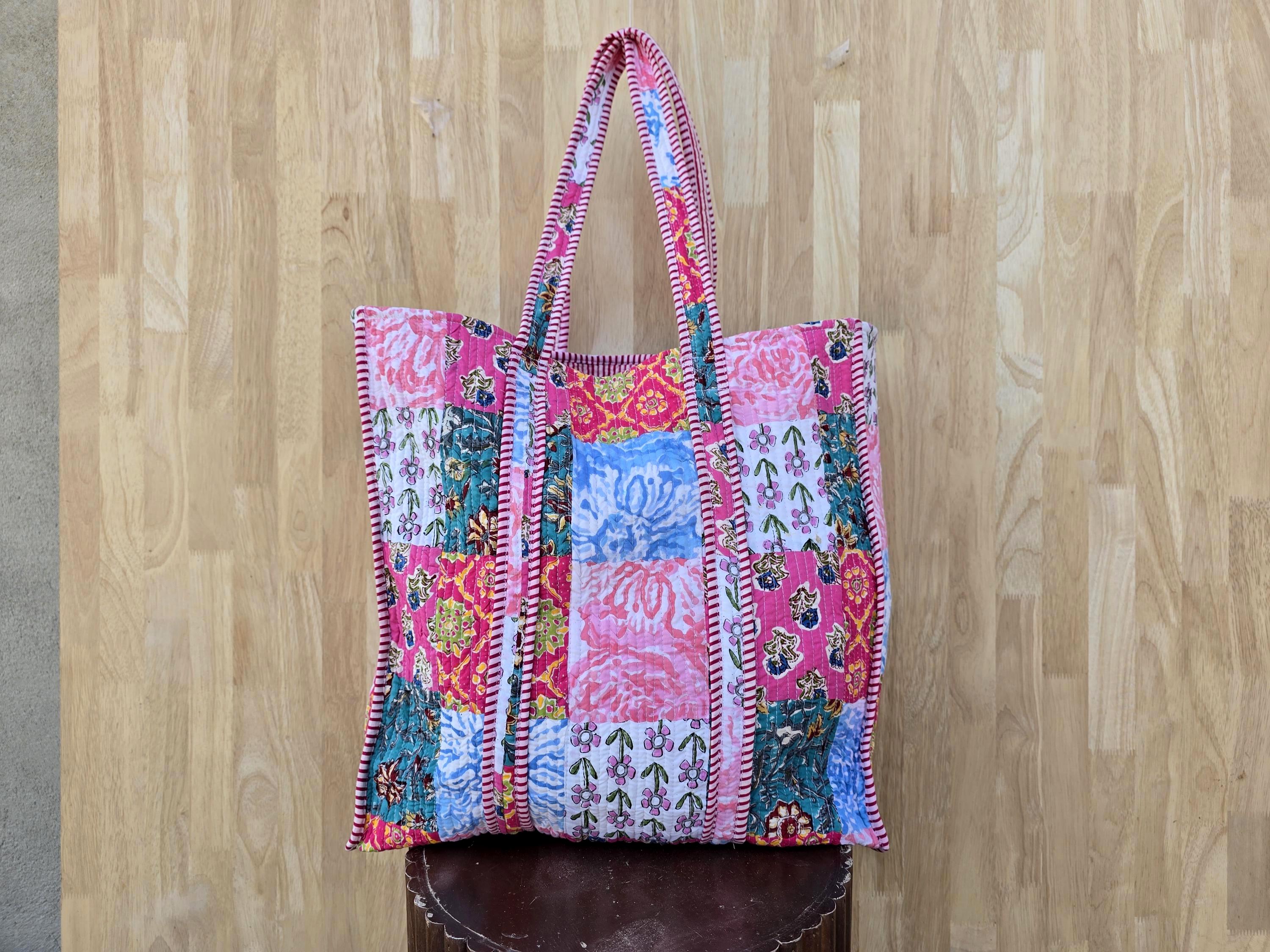 Patchwork Quilted Tote Bag – Pink Turquoise Block Print Kantha