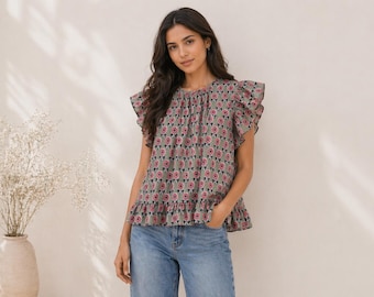 Hand Block Printed Cotton Summer Top: Women's Blouse