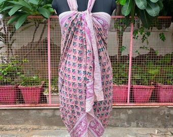 Hand Block Print Cotton Sarong, Beach Wrap Pareo, 180cm x 100cm