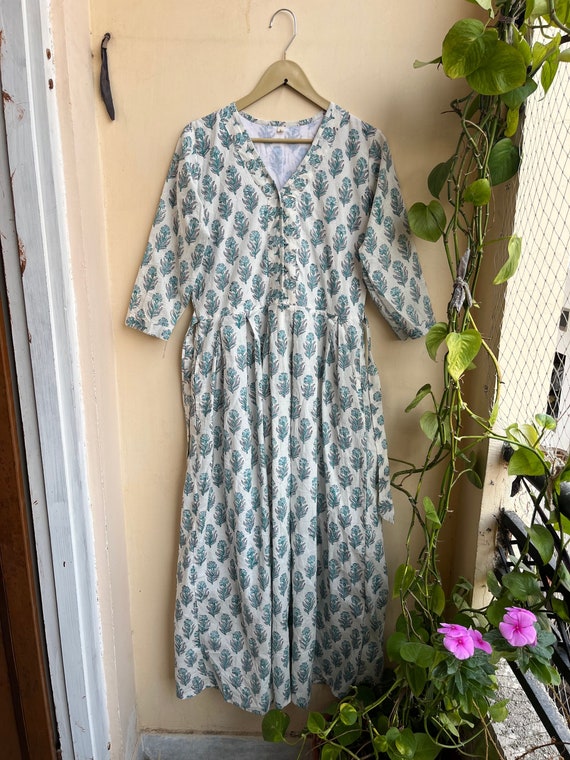 Hand Block Printed Cotton Dress: Indian Long Gown Tunic Hand Block Printed Cotton Dress: Indian Long Gown Tunic