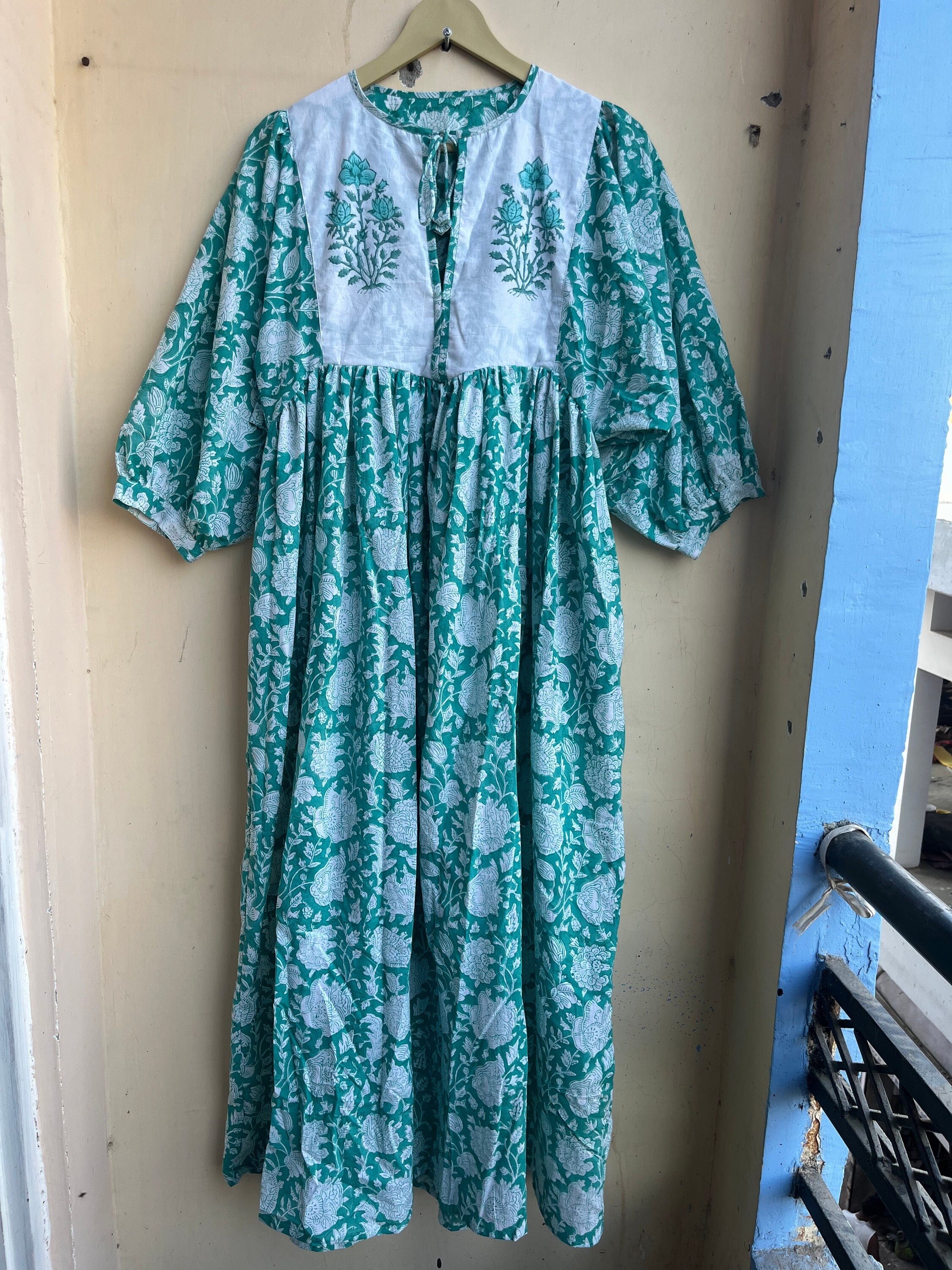 Floral Block Print Cotton Dress: Indian Ethnic Midi Gown Dress - Etsy