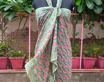 Hand Block Print Cotton Sarong, Beach Wrap Pareo, 180cm x 100cm