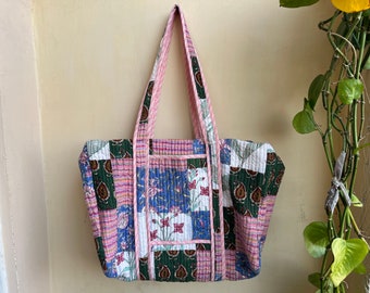 Patchwork Quilted Cotton Tote Bag, Boho Shoulder Handbag, Large Everyday Bag